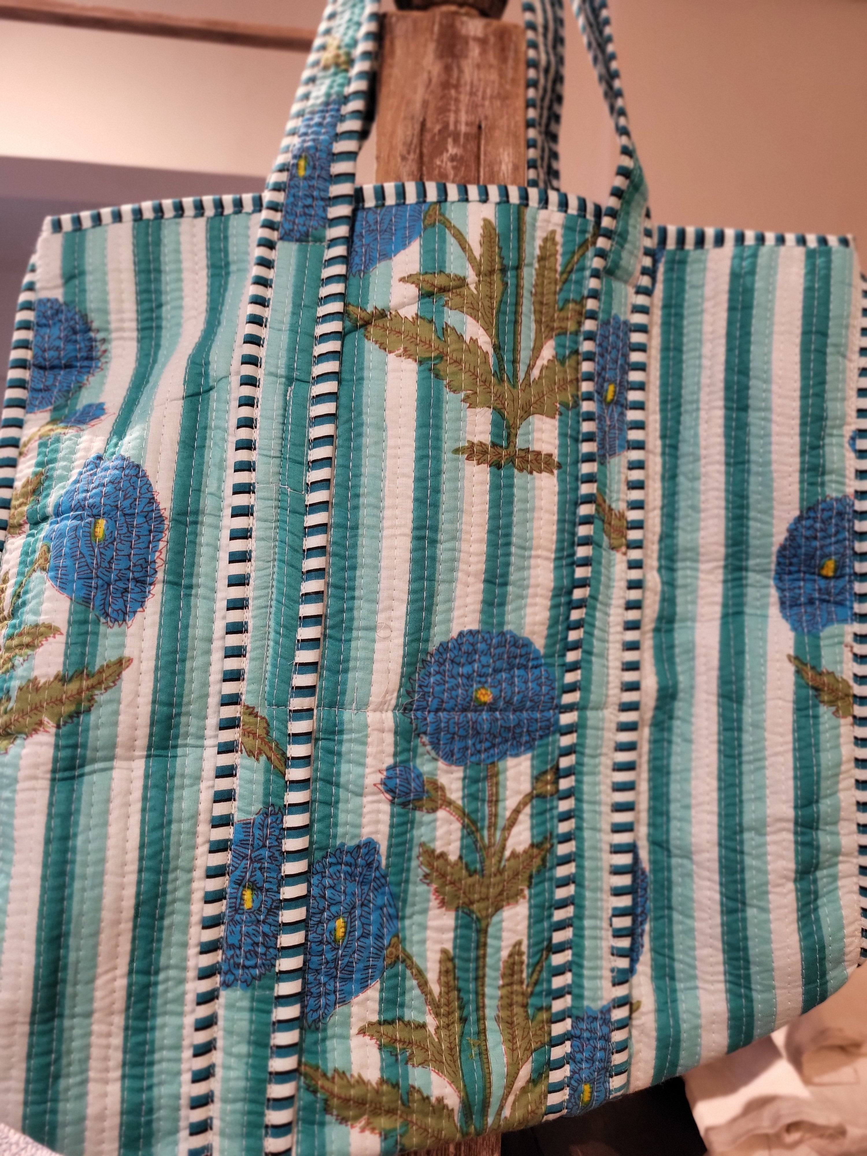 Poppy block-print quilted shopper bag with interior pocket