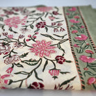 Classic floral block-print cotton tablecloth, pink and burgundy flowers on cream