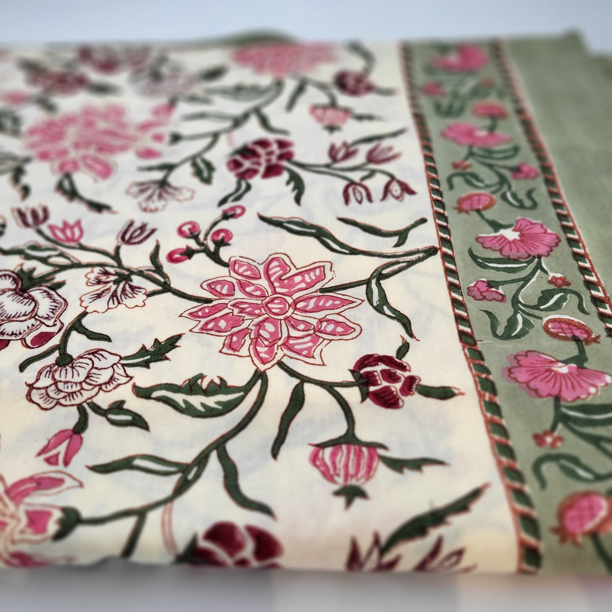Classic floral block-print cotton tablecloth, pink and burgundy flowers on cream