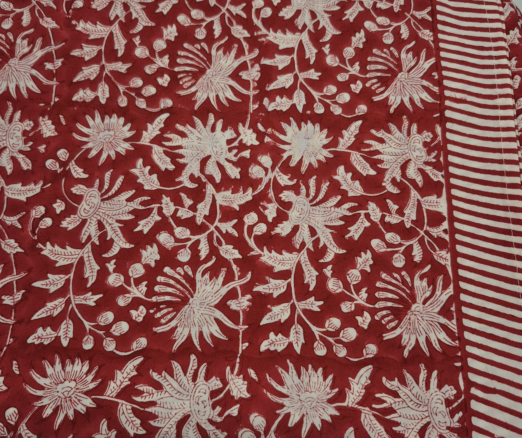 Festive red block-print cotton tablecloth