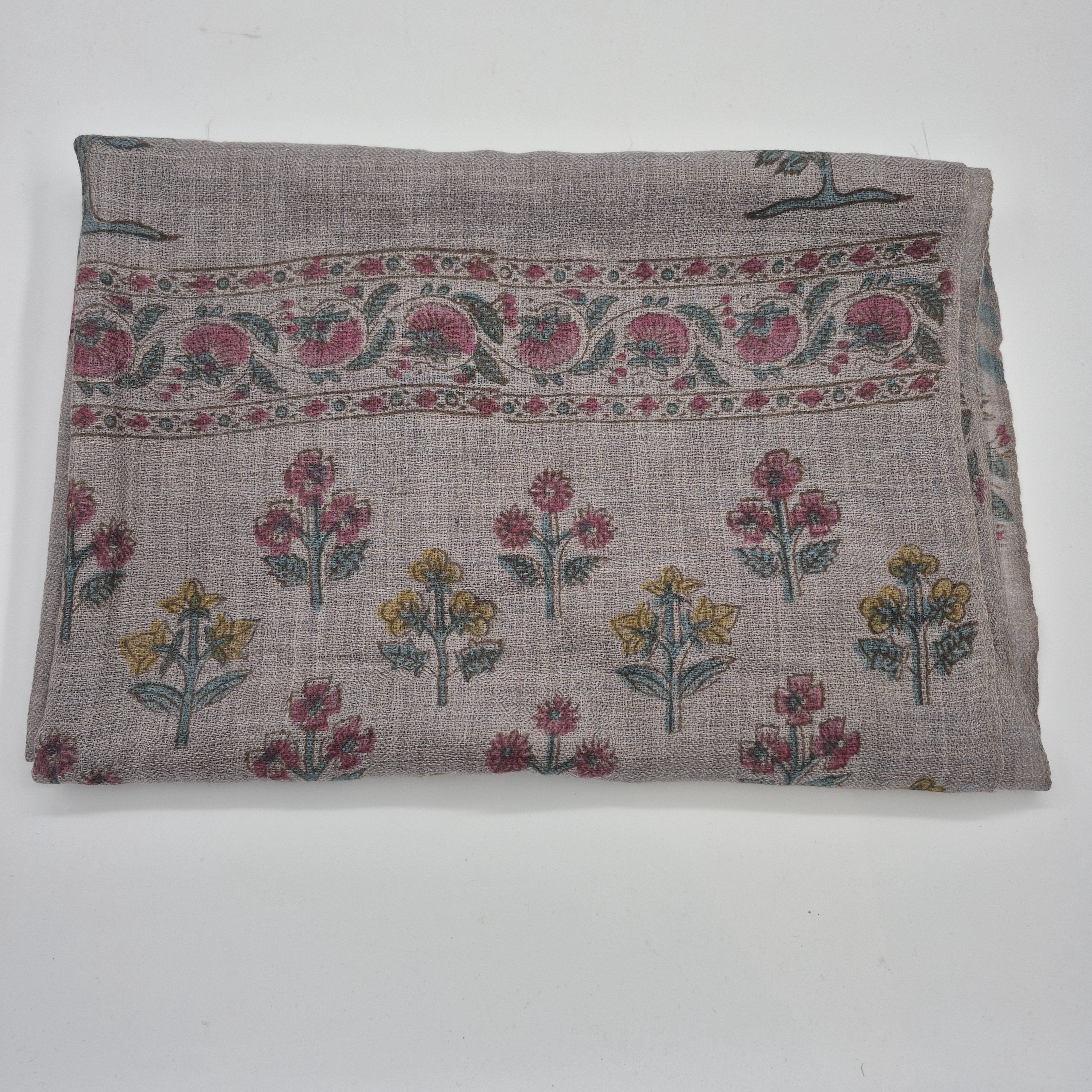 Block-print wool shawl in a taupe floral multi pattern