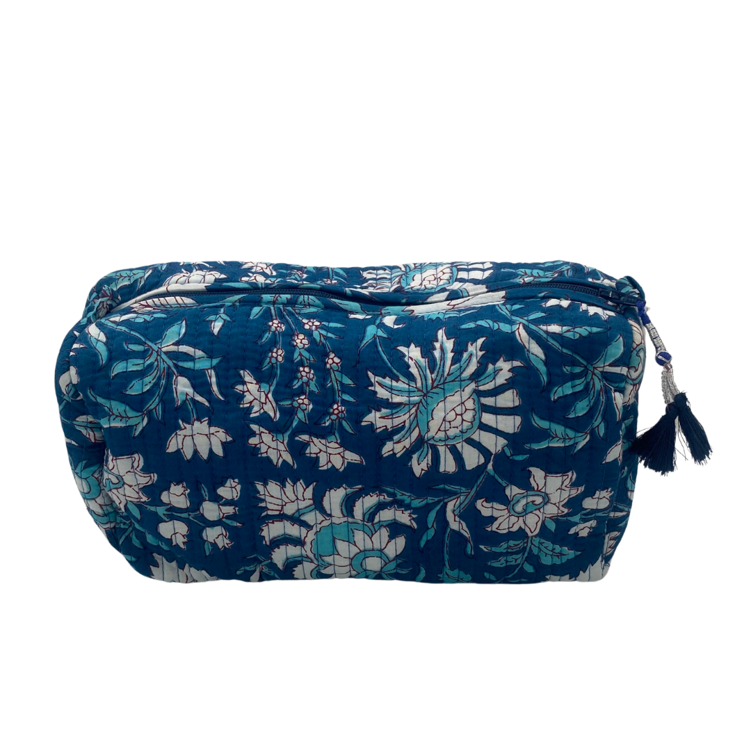 Royal white floral block-print wash bag