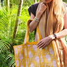 Block-print quilted cotton shopper bag with a tiger design, contrast lining and interior pocket, 43 cm wide