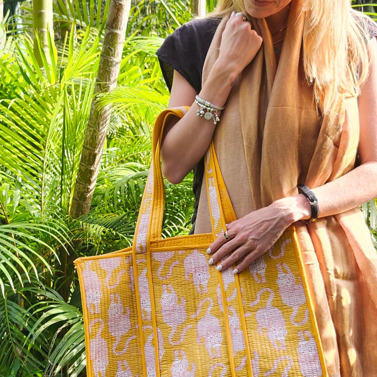 Block-print quilted cotton shopper bag with a tiger design, contrast lining and interior pocket, 43 cm wide