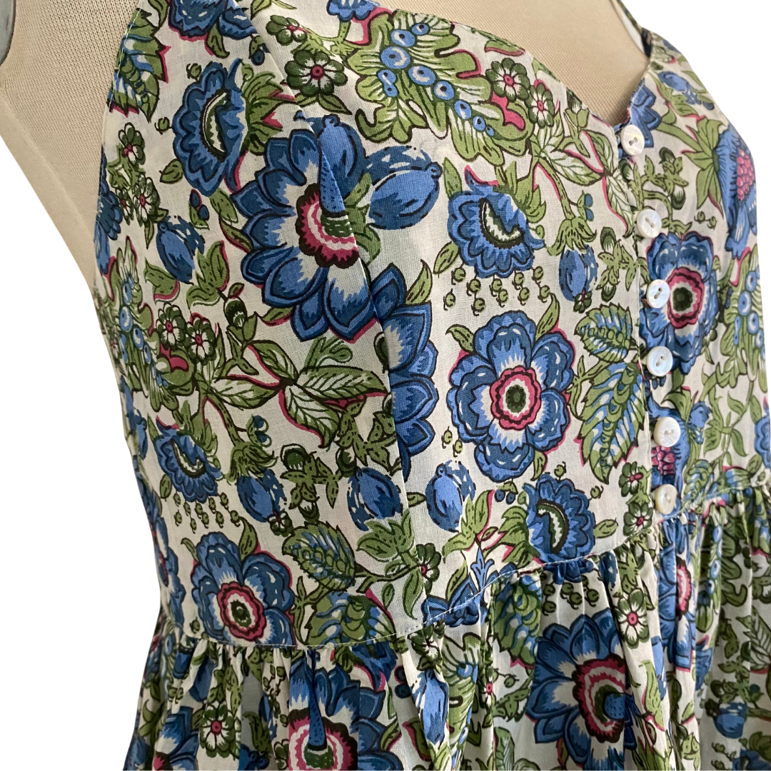 Blue Anna block-print cotton sundress, calf-length