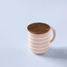 Blush pink striped ceramic mug with a wooden lid coaster, 250 ml