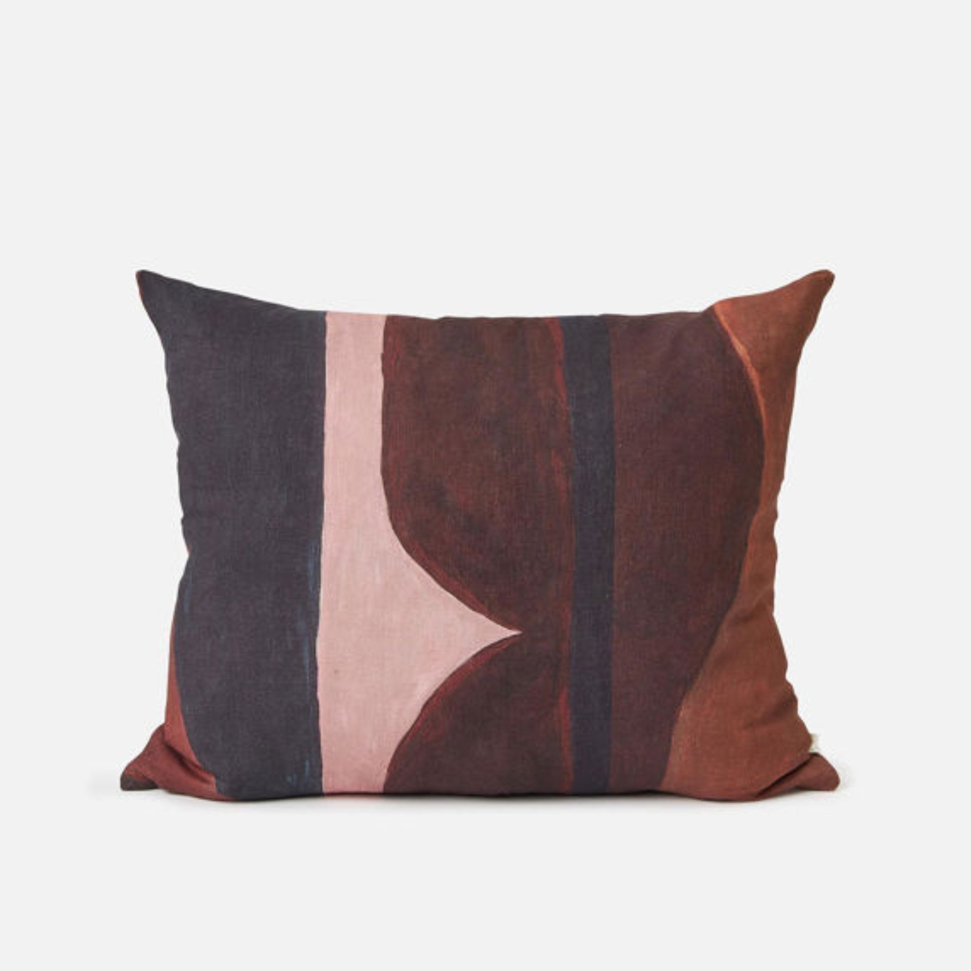Curio cushion cover with an abstract geometric print in plum, pink and navy