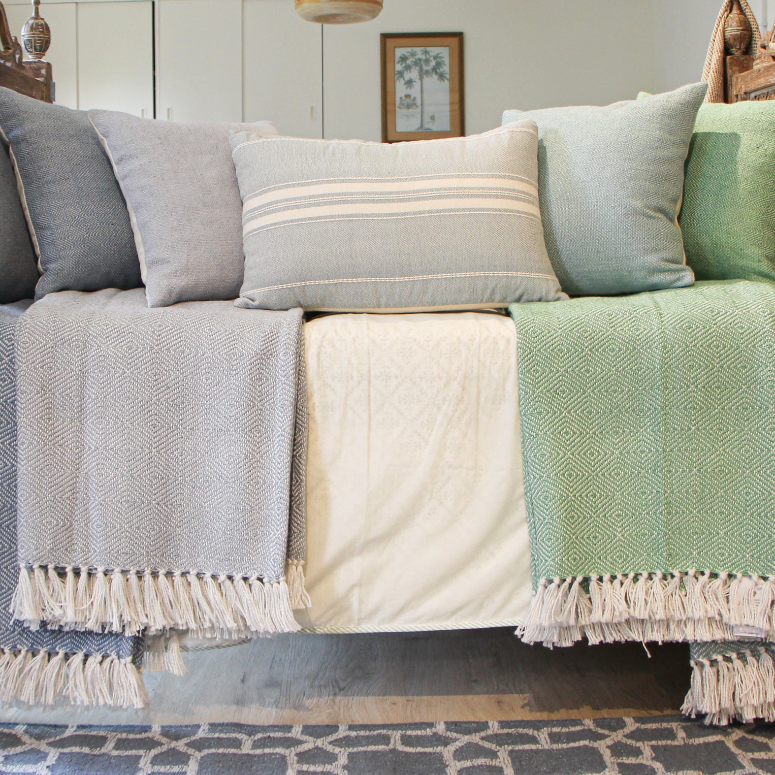 Duck egg Marseille cushion by Weaver Green, recycled yarn