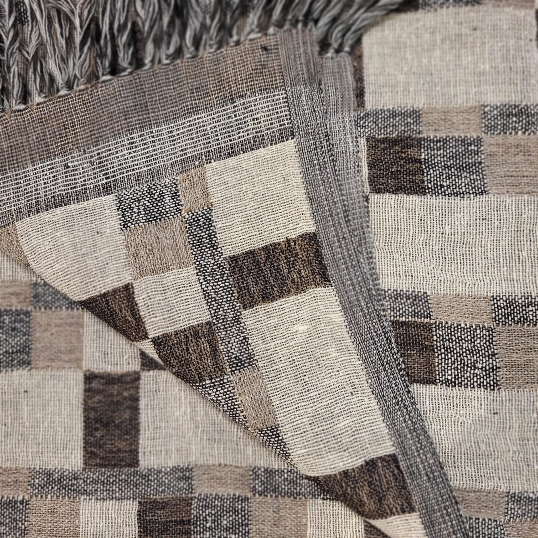 Handwoven silk and wool throw, detail of the reversible weave, India