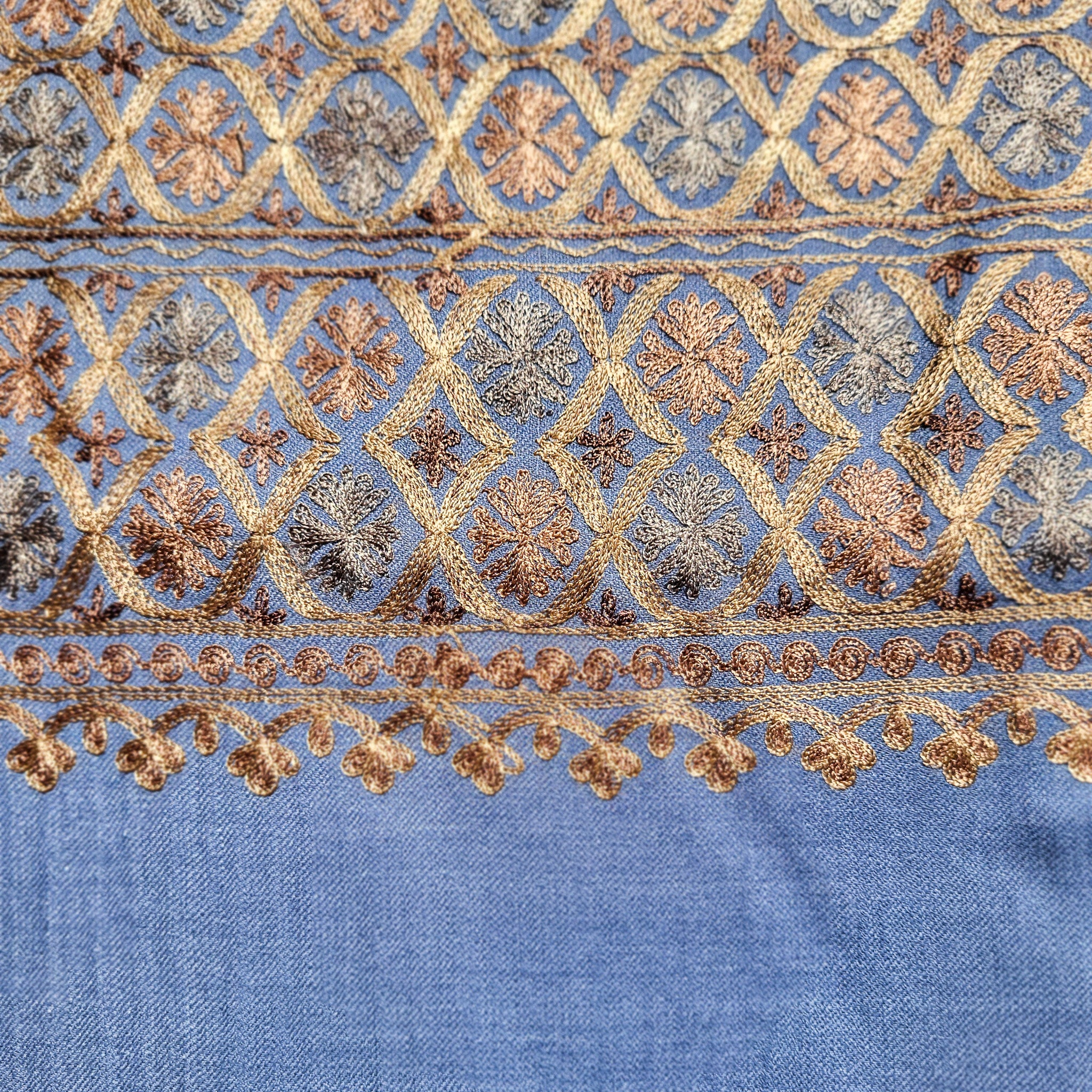 Small circle embroidered pashmina laid flat showing full pattern, 78 x 210 cm