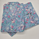 Floral block-print short pyjamas with blooms on a lavender background