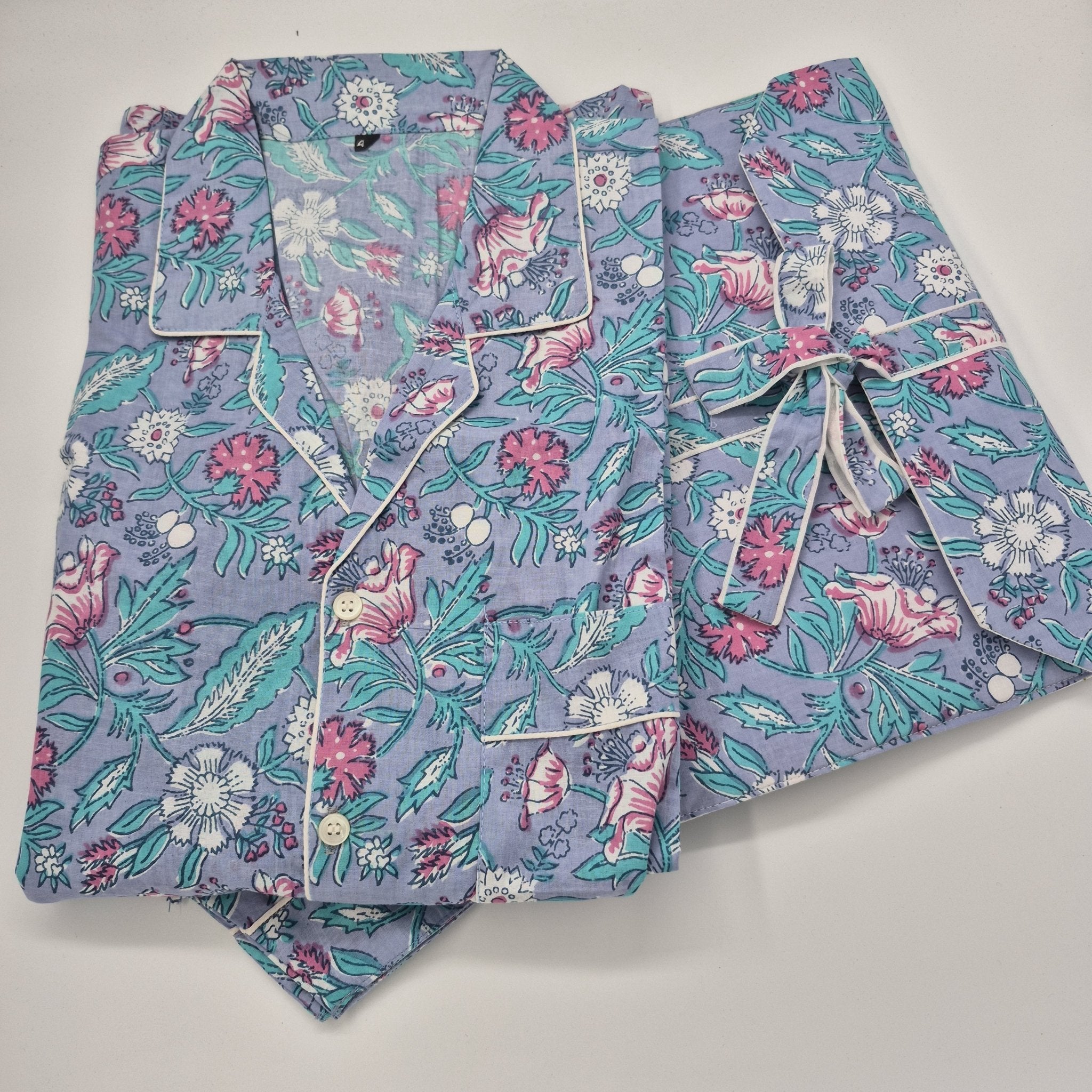 Floral block-print short pyjamas with blooms on a lavender background
