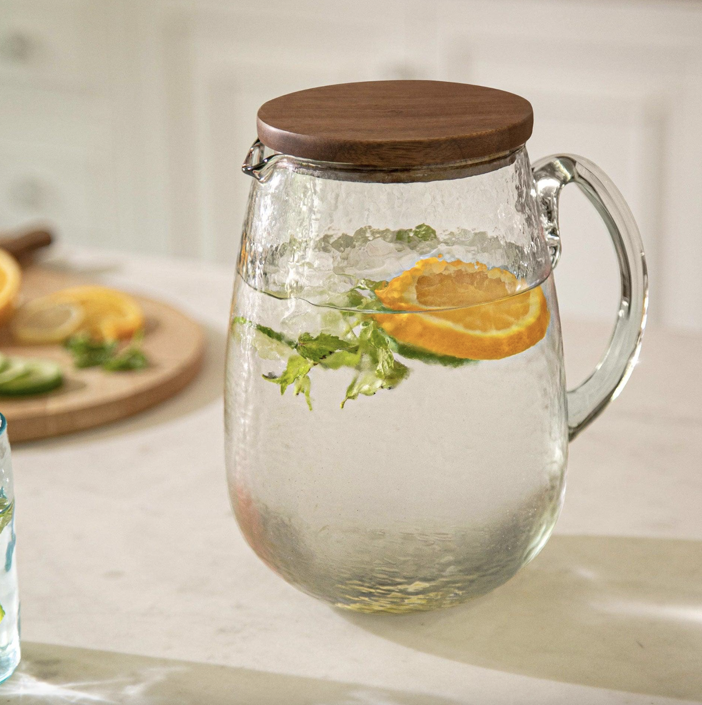 Hand-blown Dewy glass water jug with wooden lid, 1750 ml