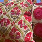 Suzani Gulestaan linen cushion, close view of stitching