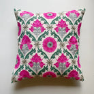 Suzani Firozi Green linen cushion with jaal embroidery in green, grey and pink, 45 x 45cm