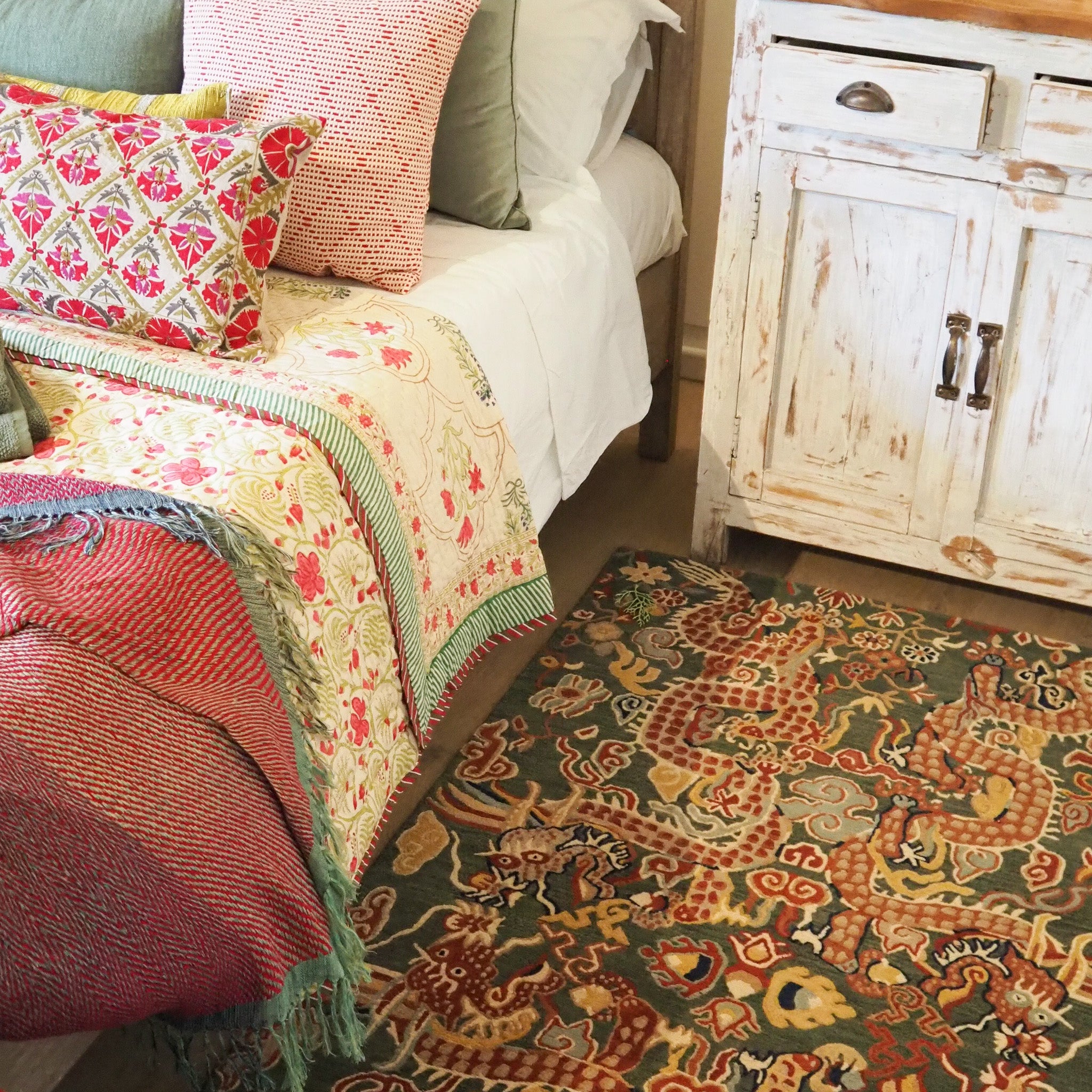 Hand-knotted dragon rug in wool, styled view, Nepal