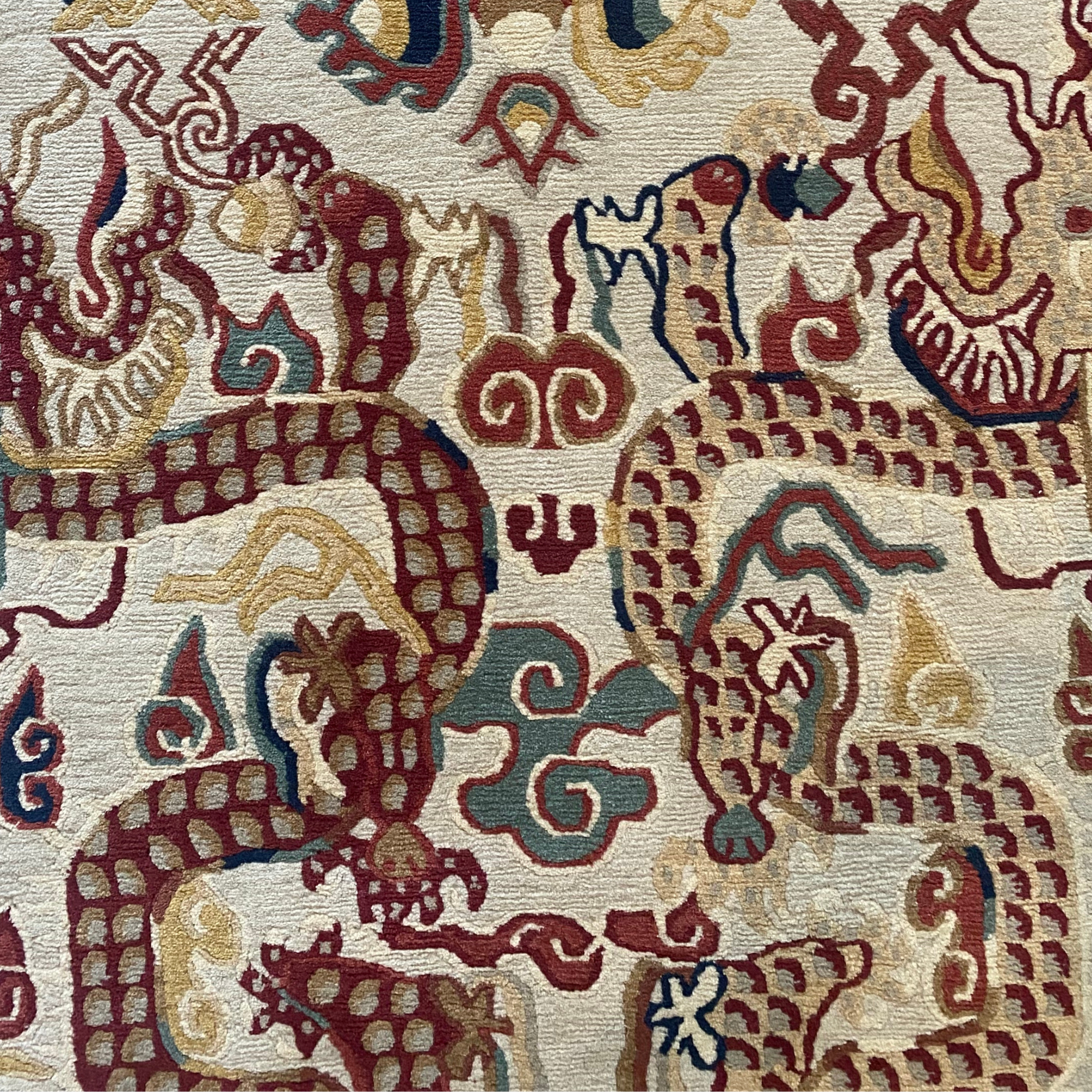 Hand-knotted four-dragon wool rug, Tibetan weave, Nepal
