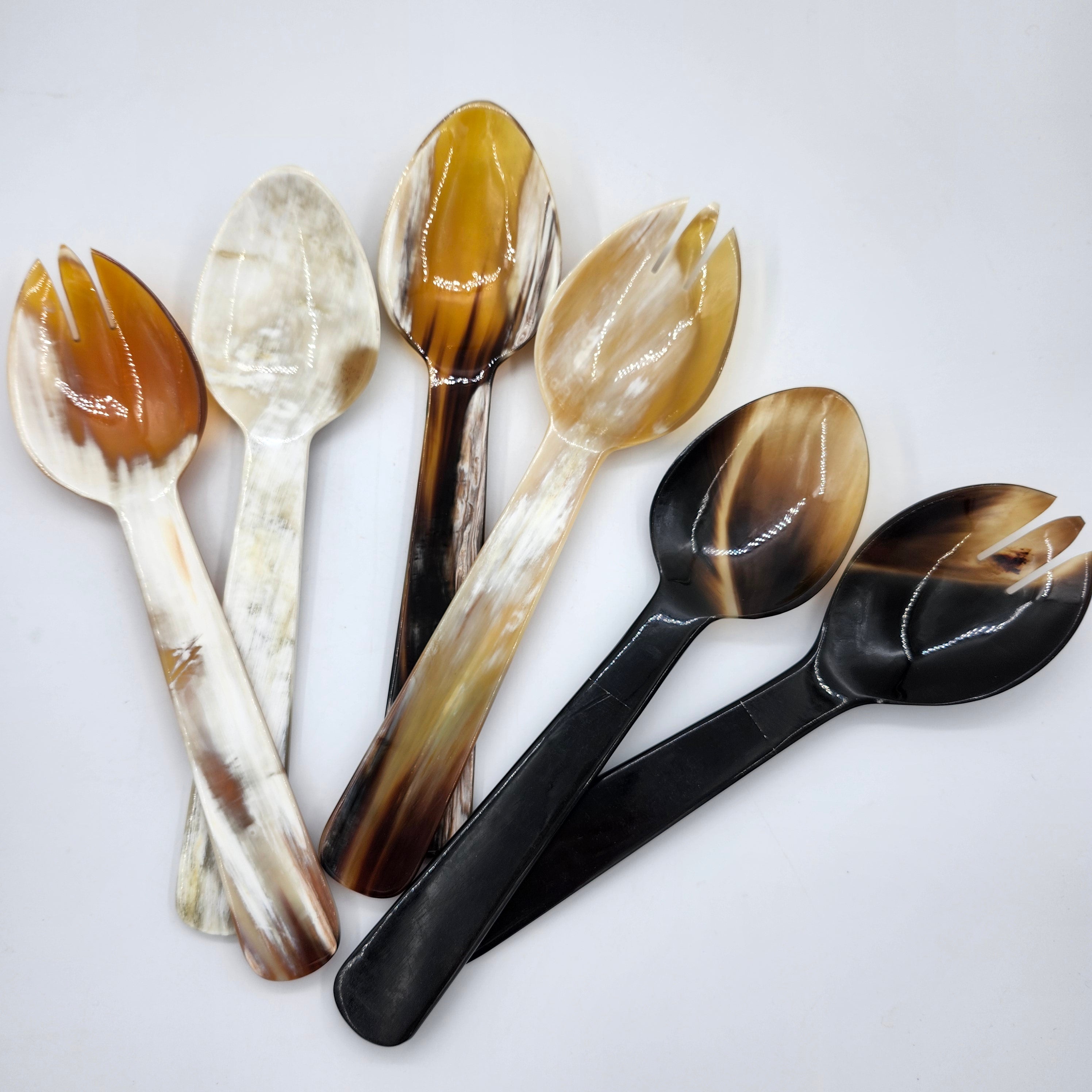 Horn salad servers, set of two, shades from tortoiseshell to white, 26 cm