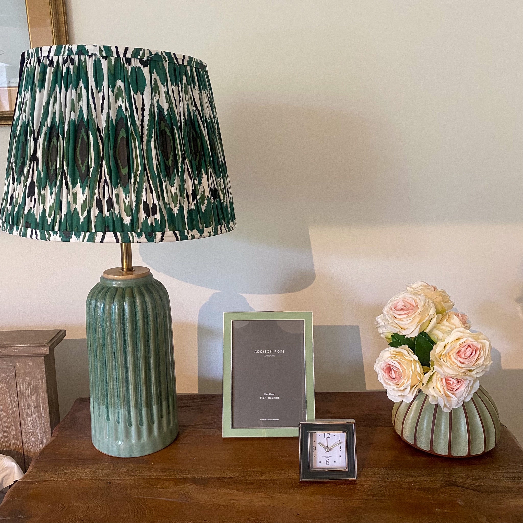 Cotton Ikat lampshade in green, black and white, for table or pendant lamp