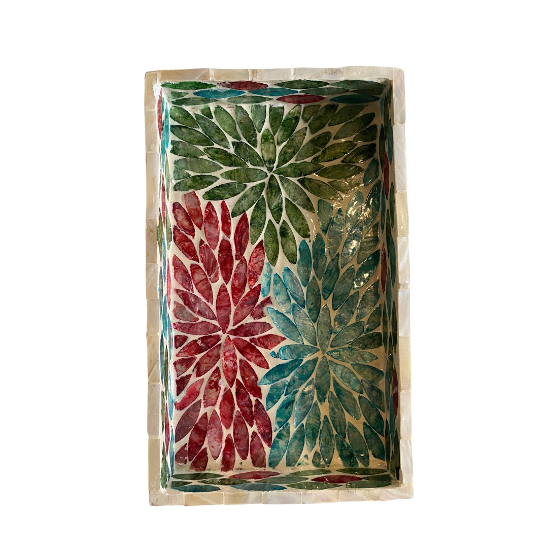 Mother of pearl serving tray, iridescent inlay, detail view