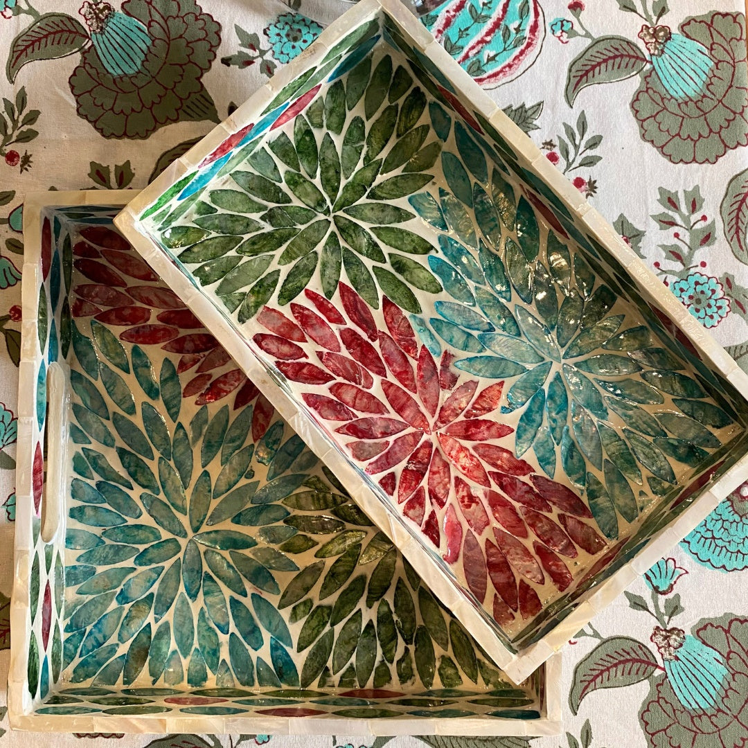 Mother of pearl tray, turquoise, green and red inlay on wood, handmade