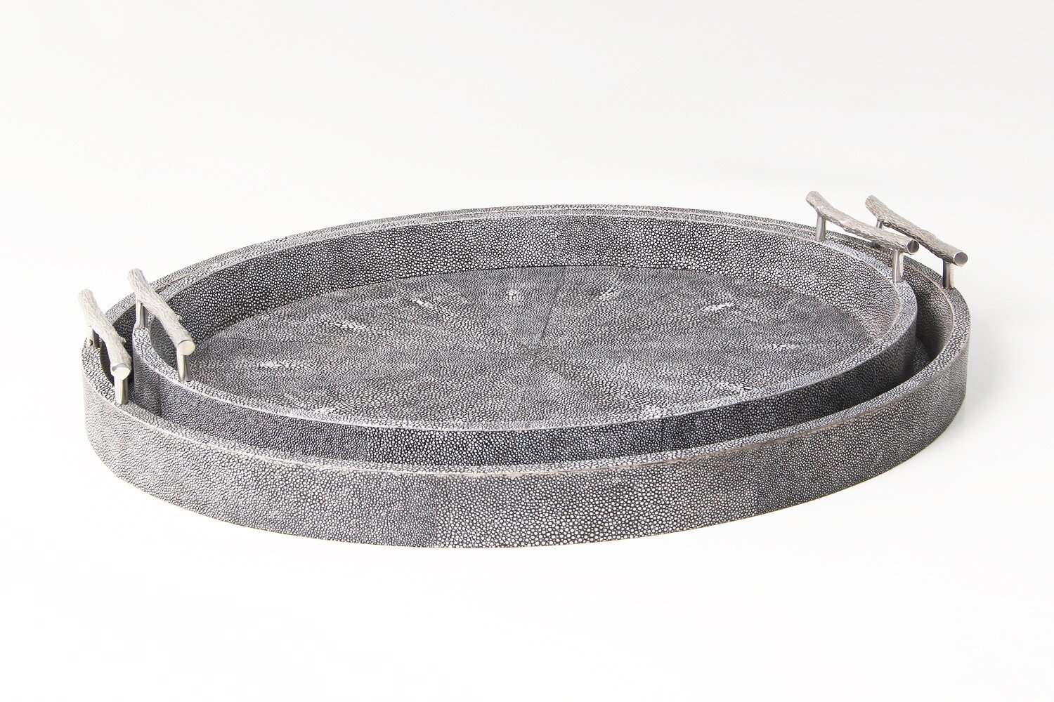 Charcoal faux shagreen oval serving tray by Forwood Design, stacked sizes shown