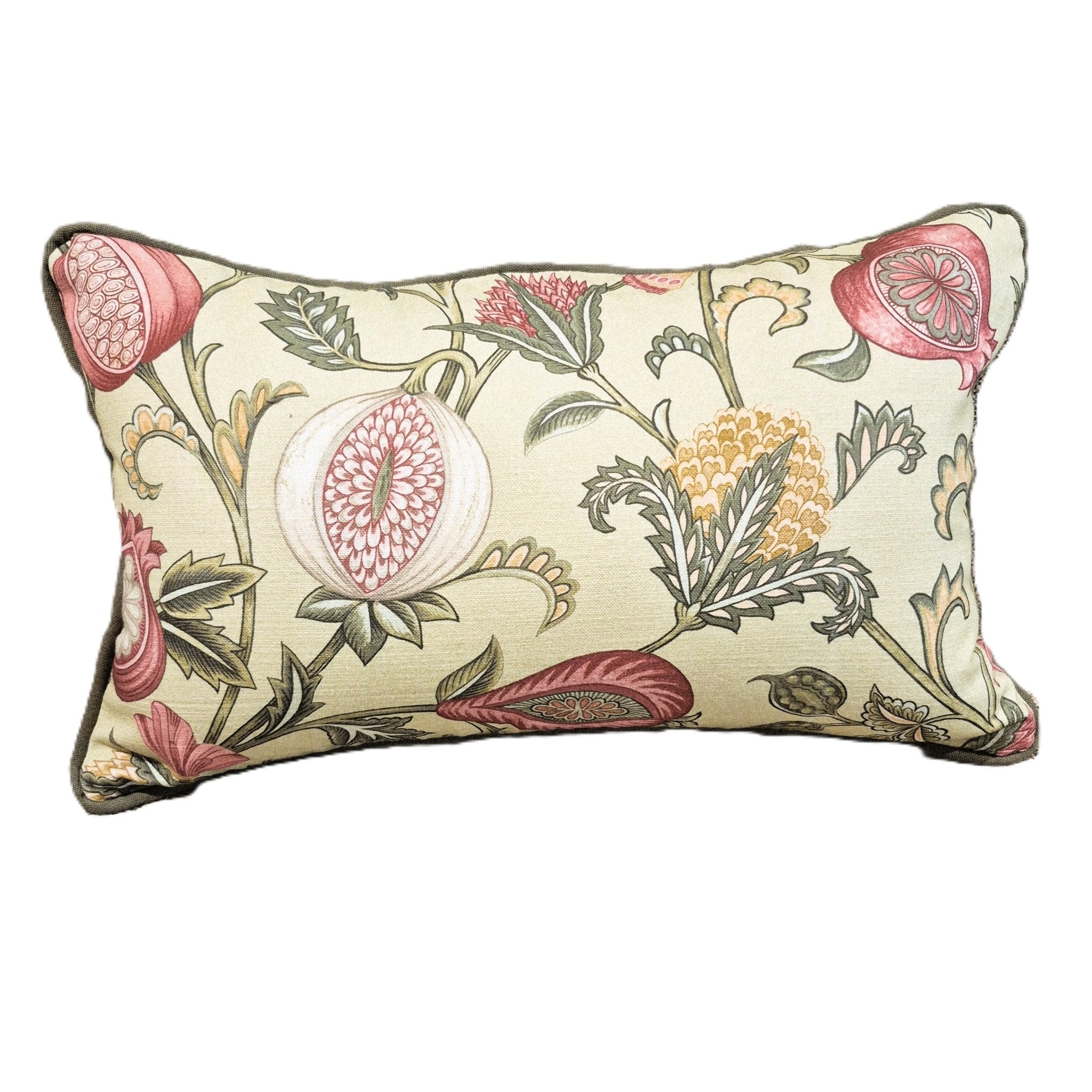 A rectangular decorative throw pillow featuring a vintage botanical pattern with pink flowers, green leaves, and a yellow seed head on a cream-colored fabric background.