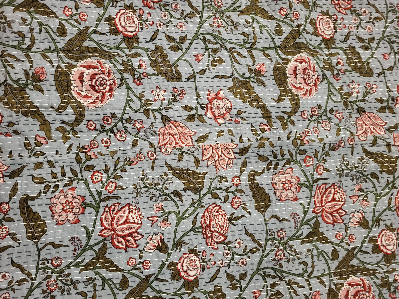 Rainforest kantha throw, hand stitched cotton, styled