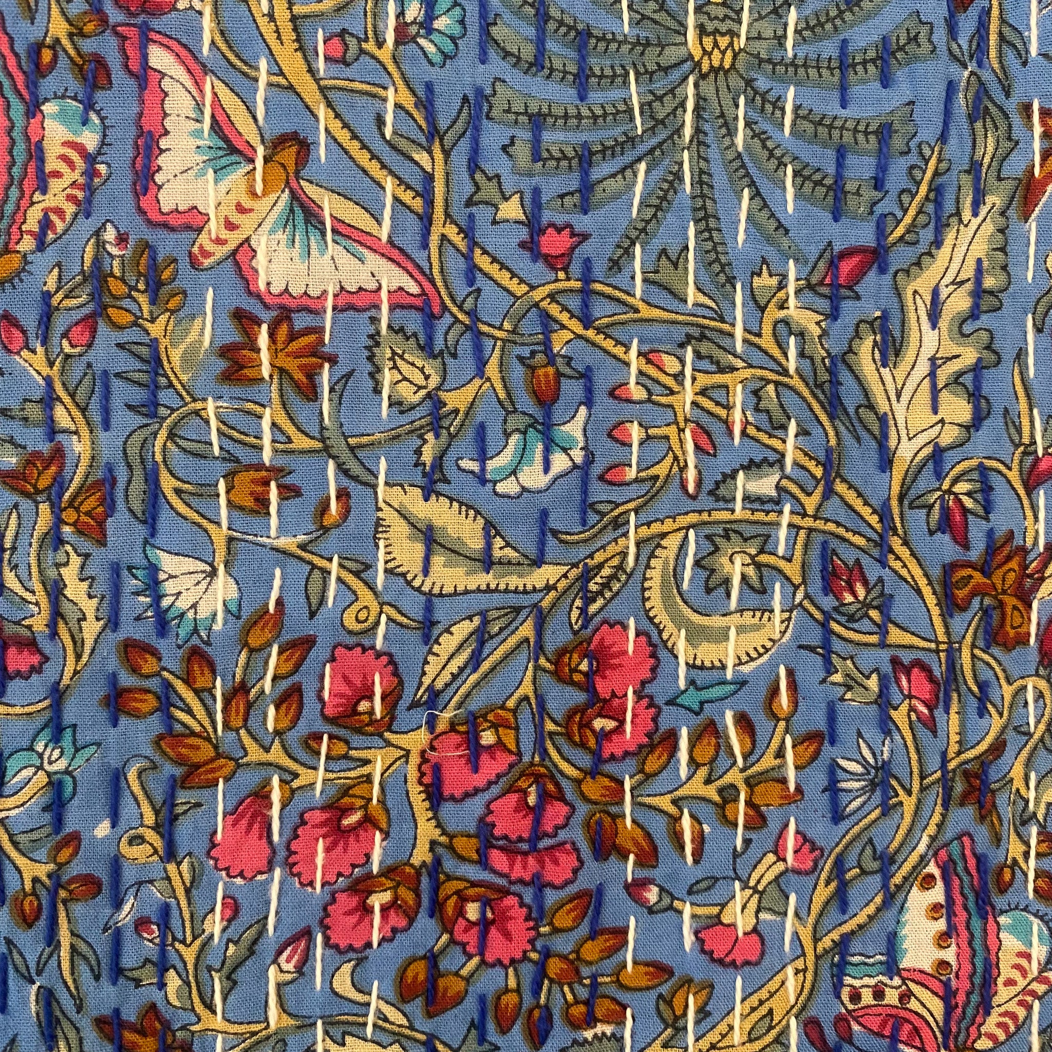 Rainforest print kantha throw and bedspread, hand stitched cotton, 220 x 260 cm