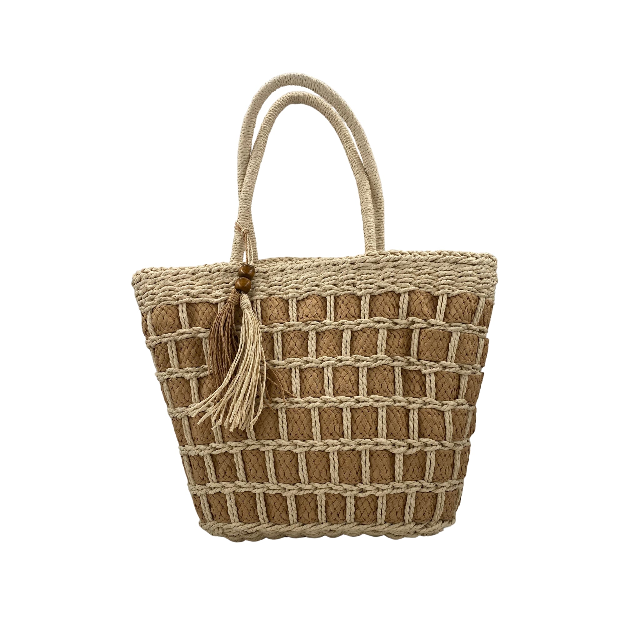 Raphia beach bag in checks, handmade, spacious interior, detail view