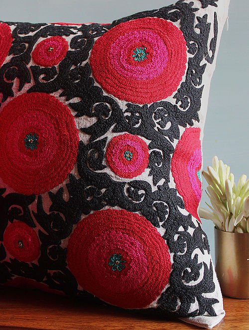 Suzani Balqash linen cushion, hot pink and turquoise suzani work
