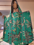 Safari block-print quilted shopper bag with interior pocket