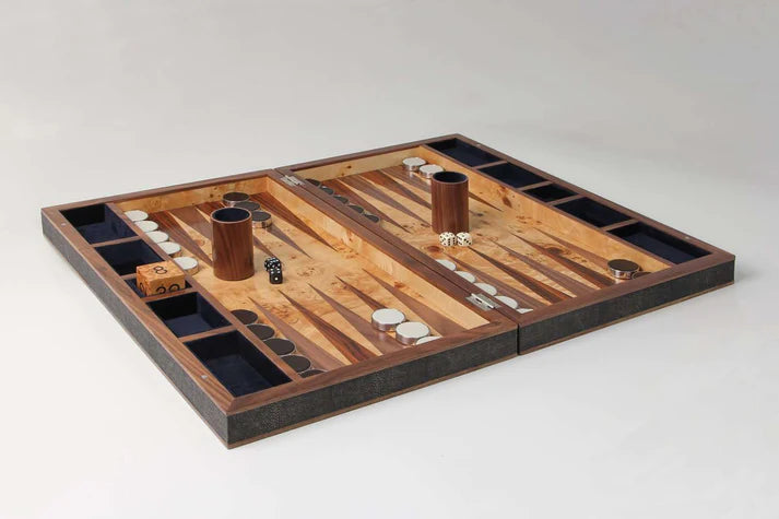 Seal brown faux shagreen backgammon board by Forwood Design, 54 x 34 x 8 cm, detail view