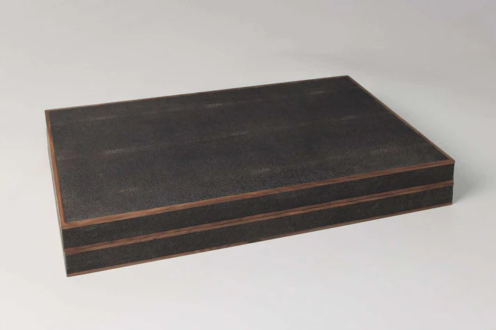 Seal brown faux shagreen backgammon board, open showing midnight blue velvet storage sections