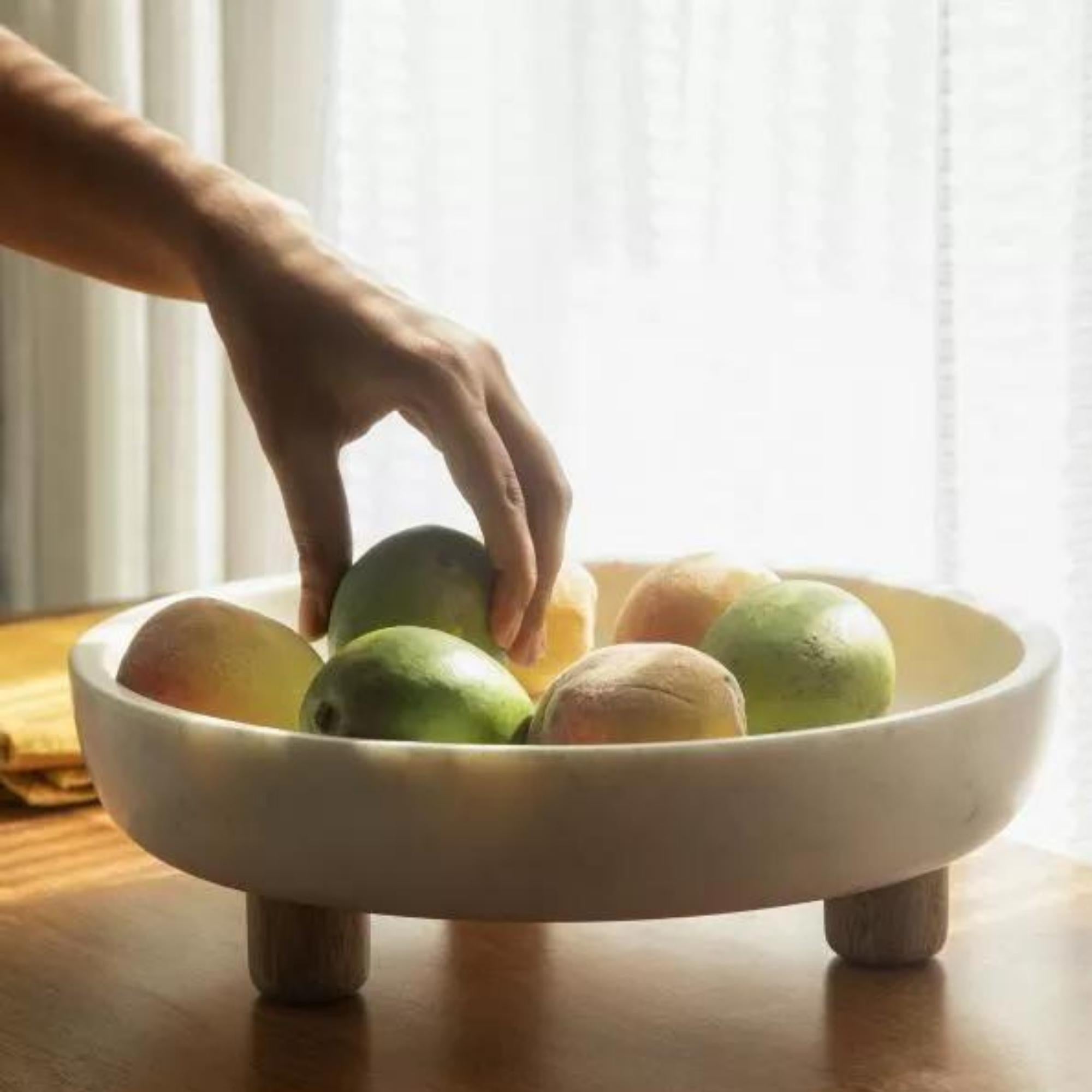 Selene white marble bowl with three rounded wooden legs, handcrafted, 31cm