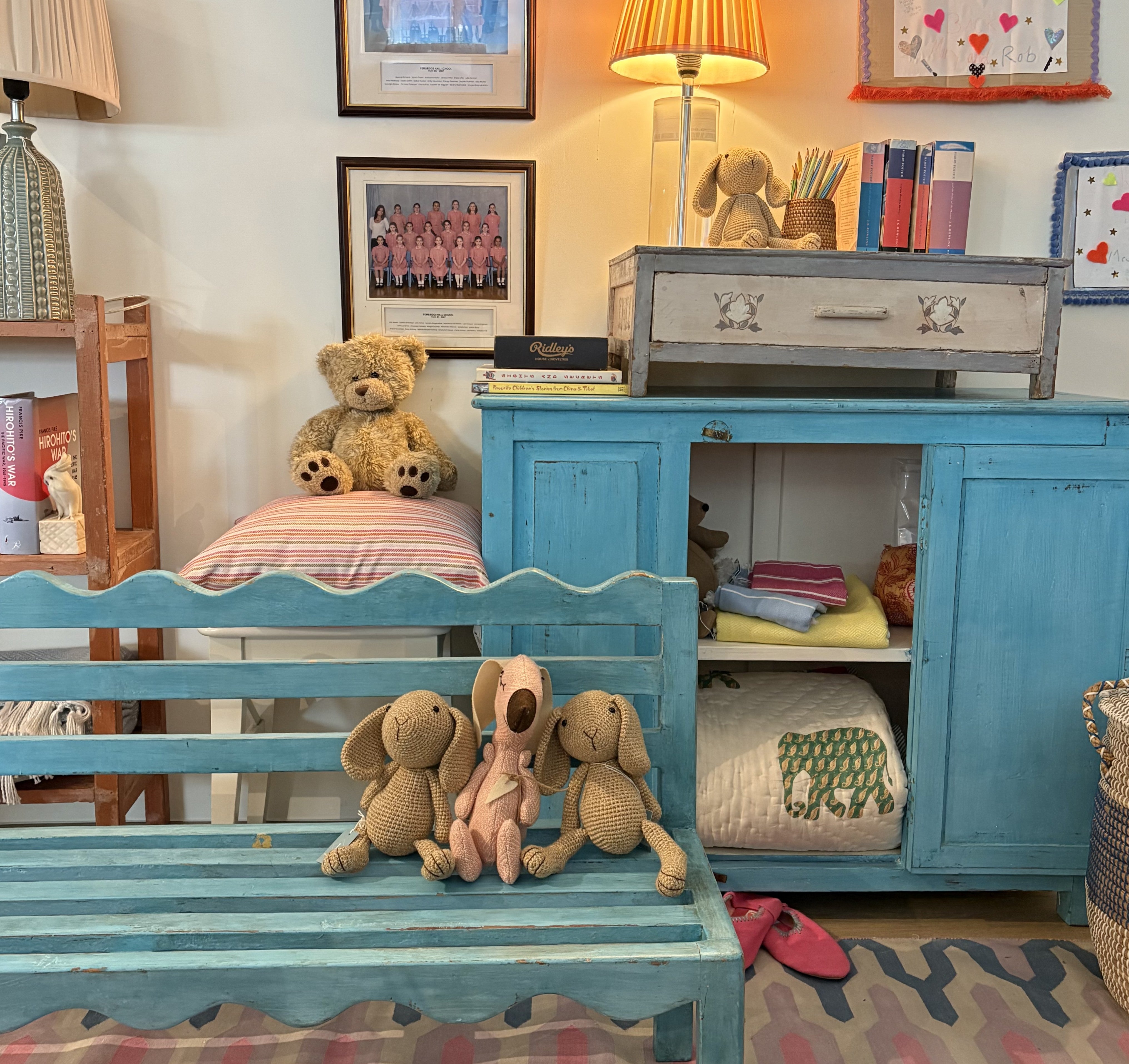 Small turquoise teak bench, child-sized with painted finish