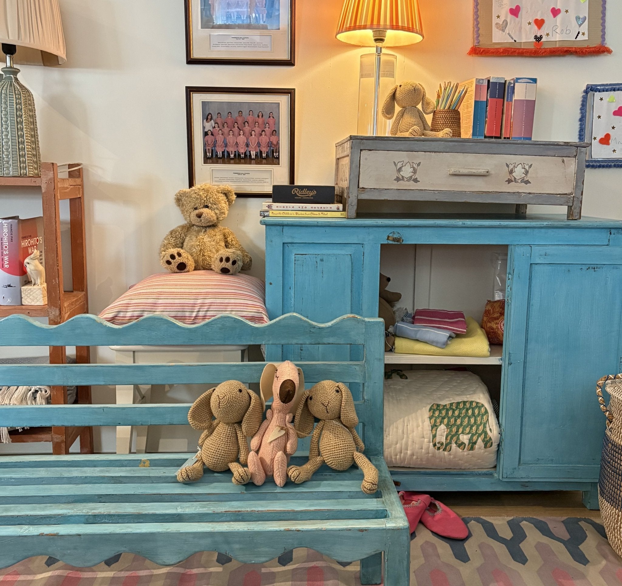 Small turquoise teak bench, child-sized with painted finish