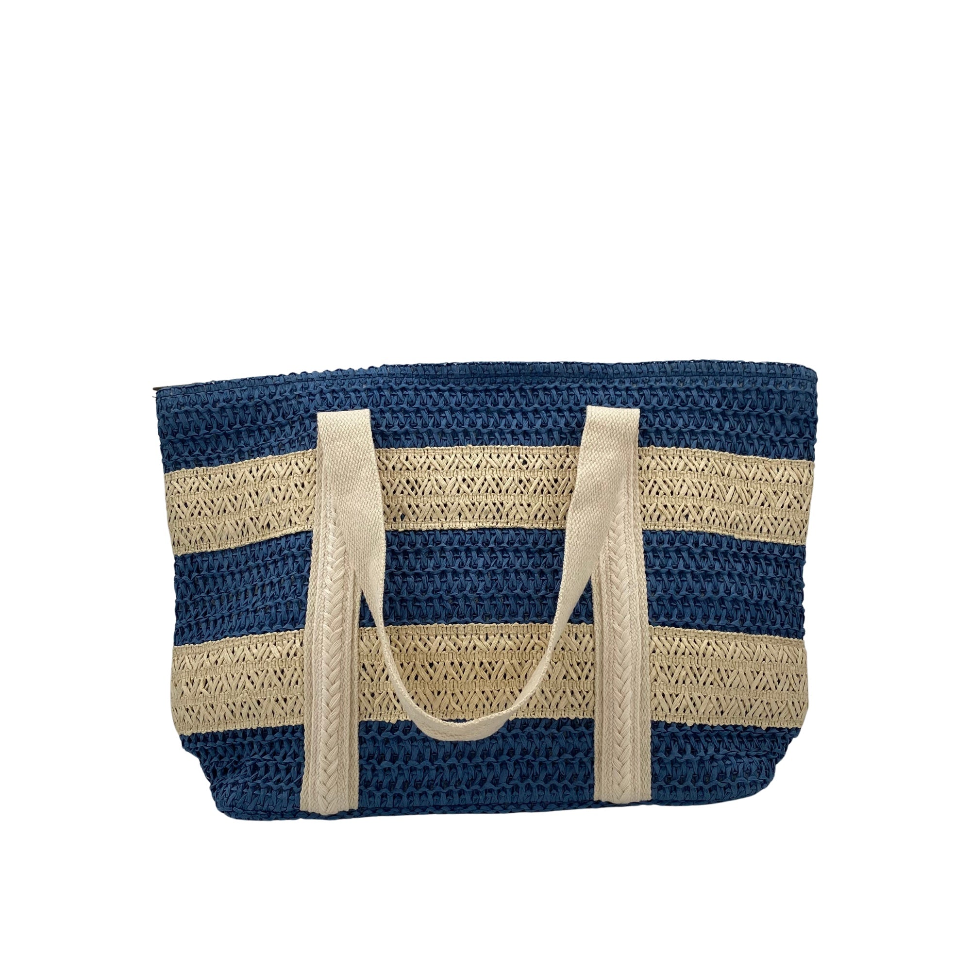Striped raphia beach bag, handmade, zip closure and inside pocket