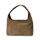 Ceannis taupe suede shoulder bag with wide strap and zip closure