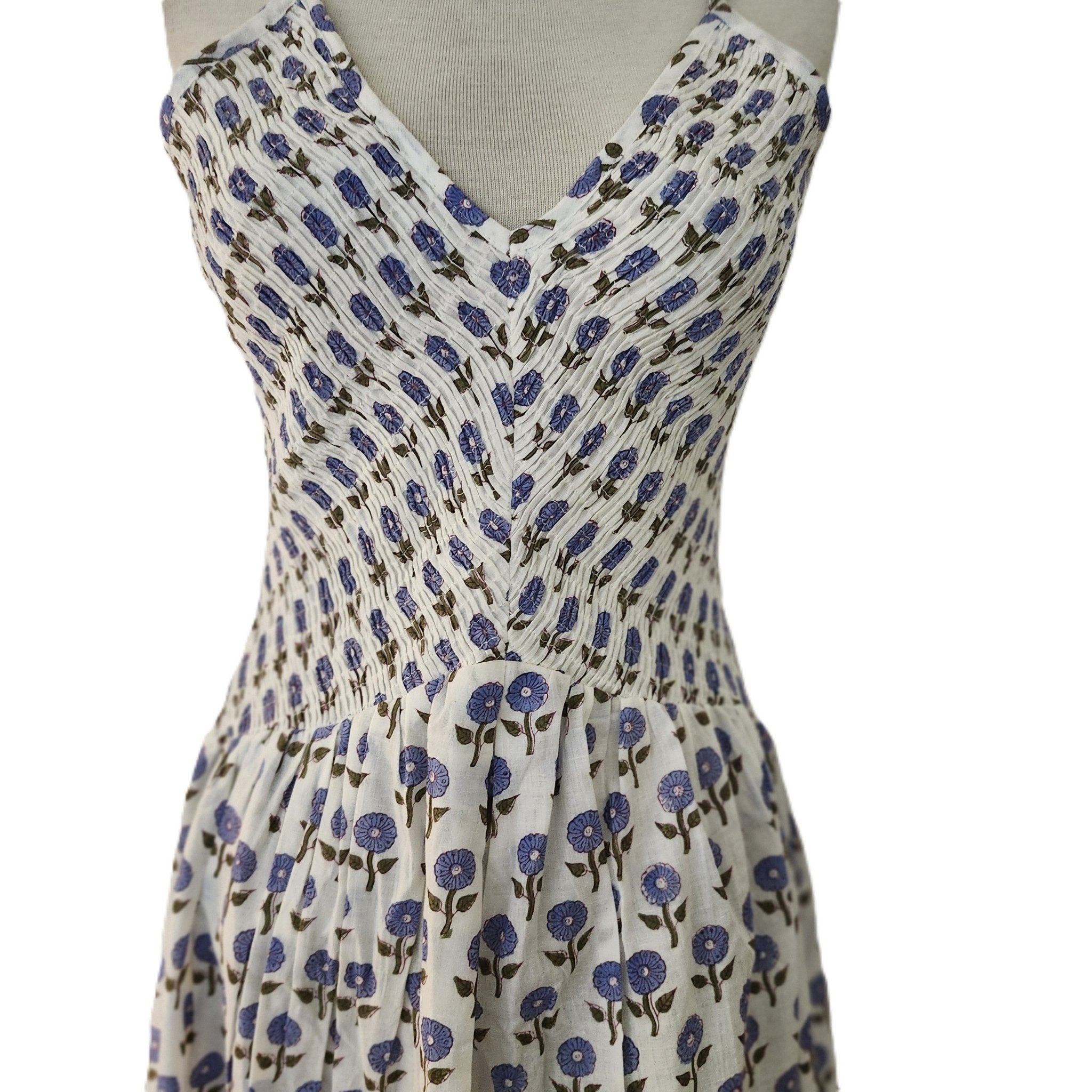 Block printed cotton sundress, elasticated bodice, daisy print