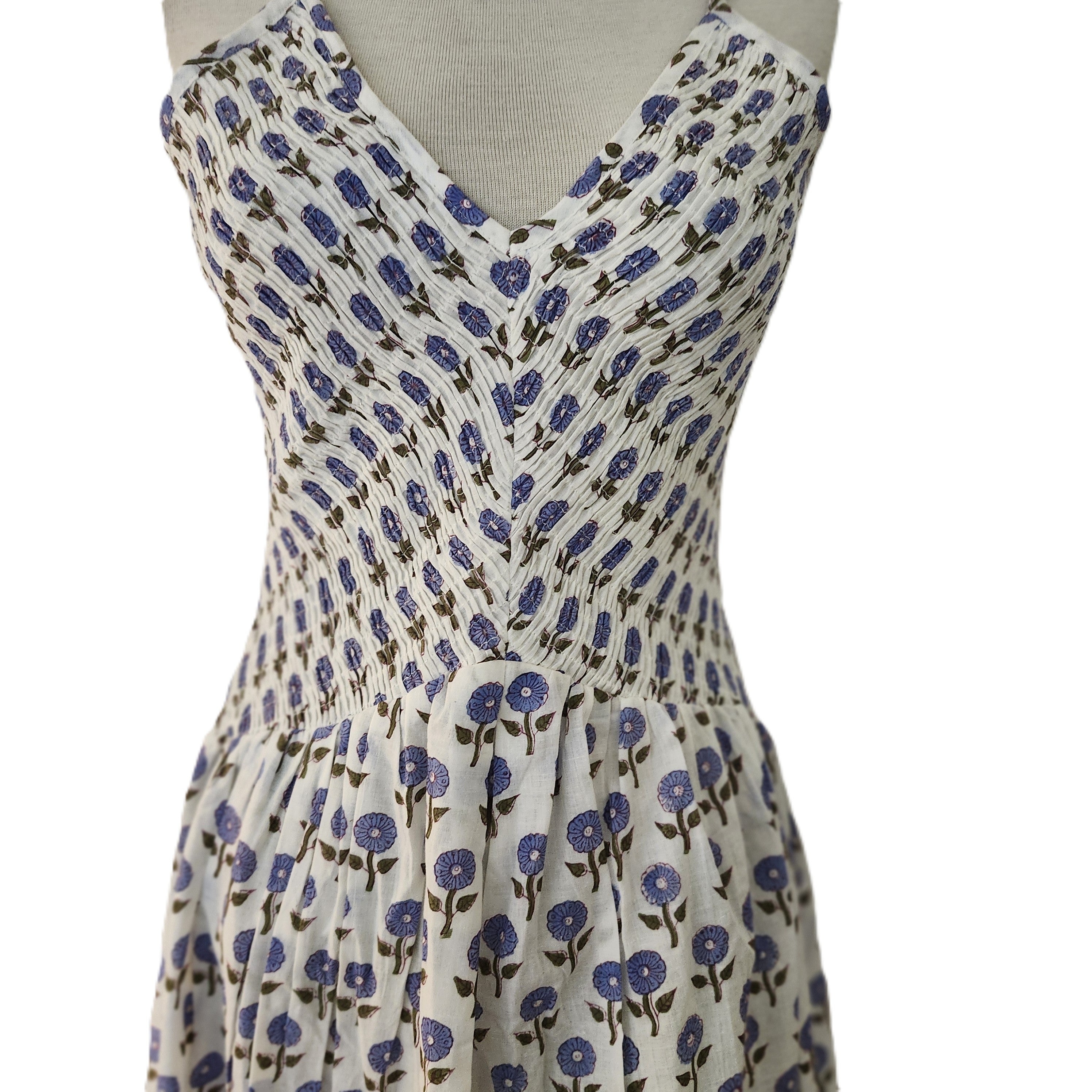 Block printed cotton sundress, elasticated bodice, daisy print