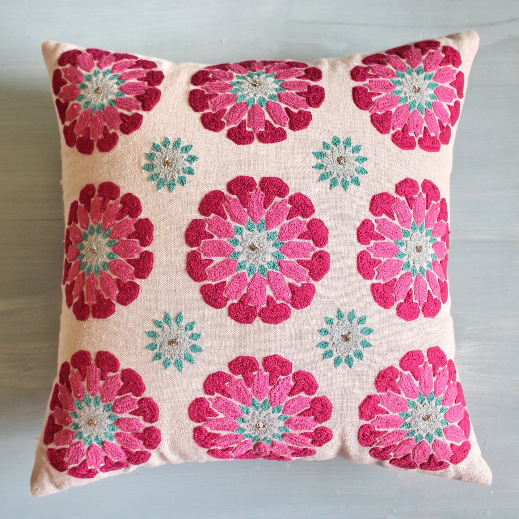 Suzani Butah Motif linen cushion, floral embroidery detail