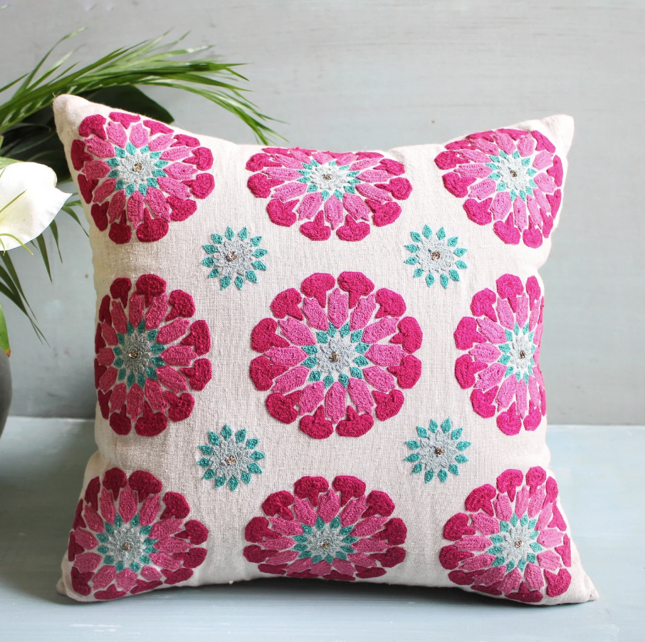 Suzani Butah Motif linen cushion, hand embroidered in pink and turquoise, 45 x 45cm
