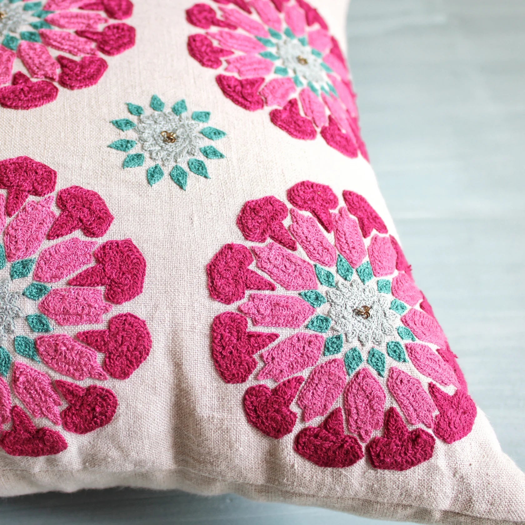 Suzani Butah Motif linen cushion, styled view