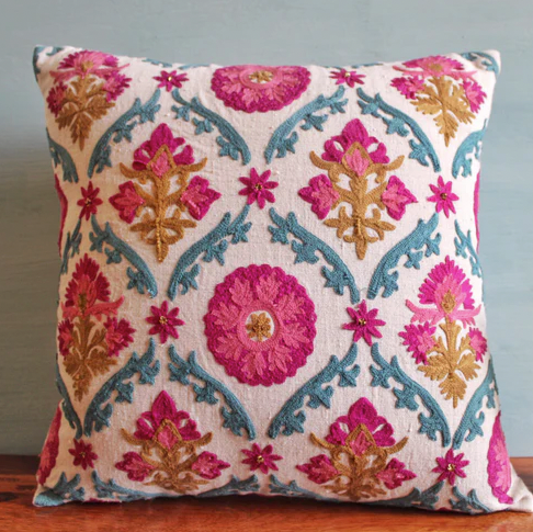 Suzani Farkhand linen cushion, hand-stitched detail