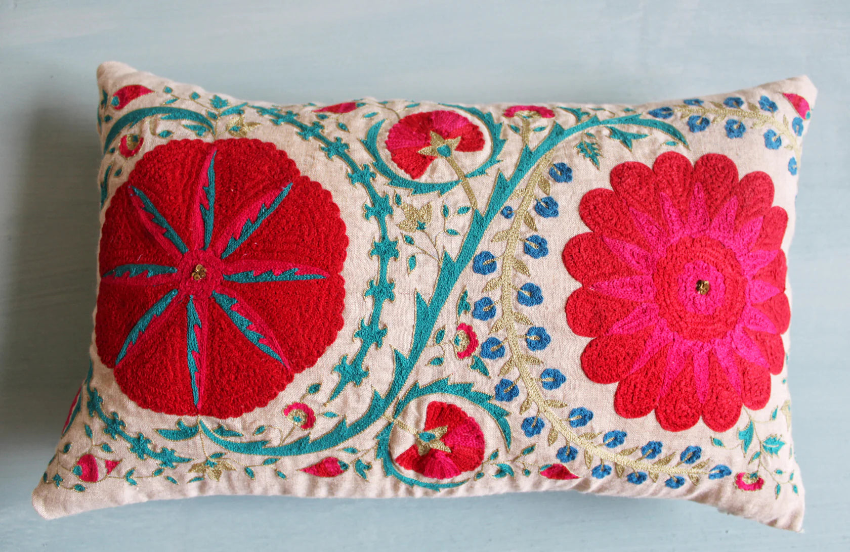Suzani Fergana linen cushion, pattern detail