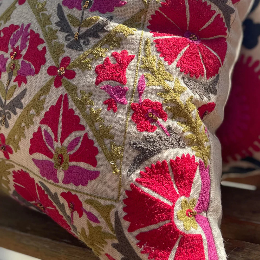 Suzani Gulestaan linen cushion, red and green needlework