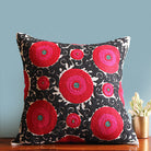 Suzani Balqash linen cushion, red and black hand embroidery, detail