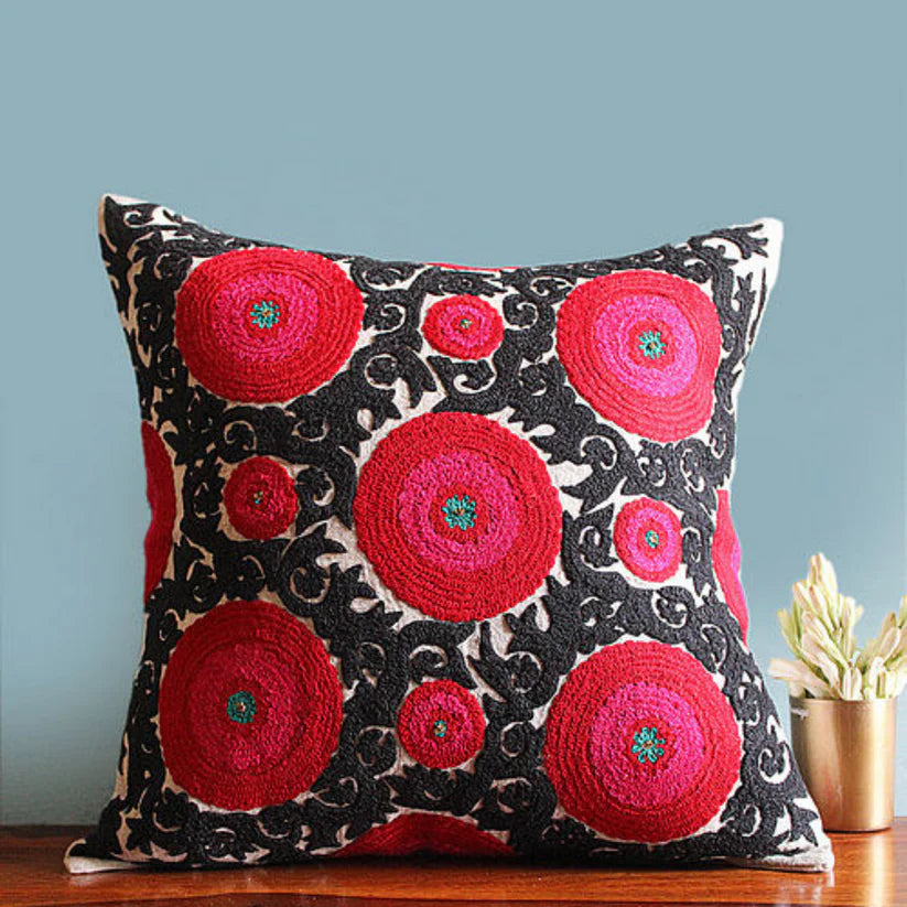 Suzani Balqash linen cushion, red and black hand embroidery, detail