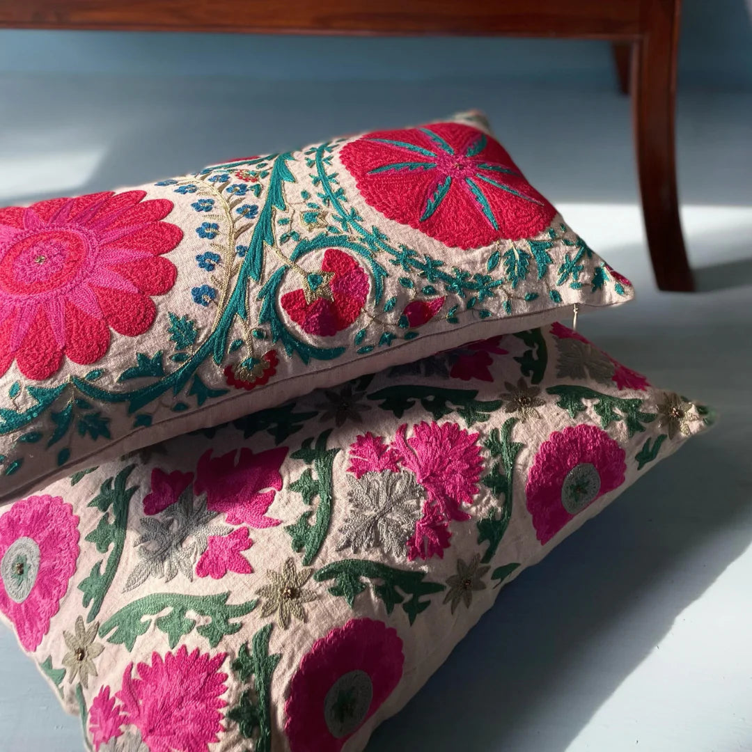 Suzani Firozi Green linen cushion, styled view